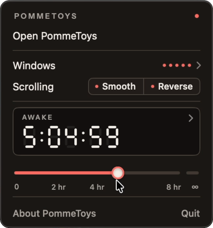 The menu bar panel, with the Keep Awake countdown on its seven-segment display