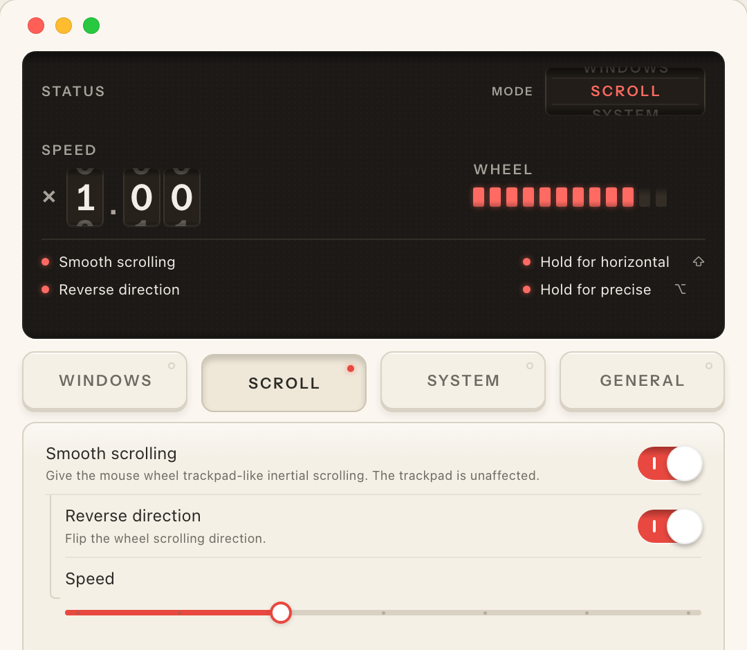 The Scroll page: speed readout and level meter on the screen, speed fader below